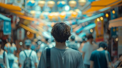 Obraz premium A Teenager Walking in a Dreamlike Futuristic City Market