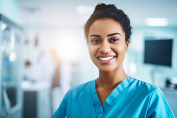 Fototapeta premium Portrait of a young afro american woman doctor medical worker in surgical clothing in an operating room, concept of surgery and professionalism in the medical field 