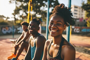 Young millennials african american friends on outdoor gym happy black people having fun together generation z - 753767239