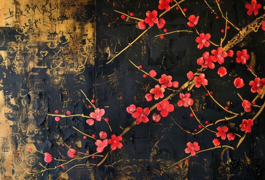 Golden Blossoms. Japanese Painting Depicting Flowers Adorned with Gold Leaf Against a Rich Black Background, Symbolizing Elegance and Luxury.