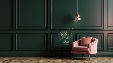 interior in classic style with pink armchair and pillow Vase on table dark green wall with ceiling lamp