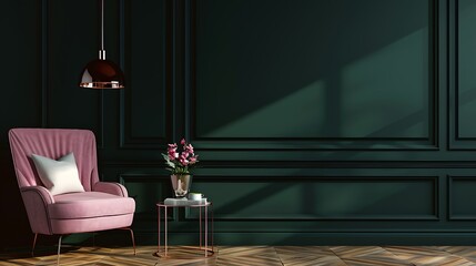 interior in classic style with pink armchair and pillow Vase on table dark green wall with ceiling lamp