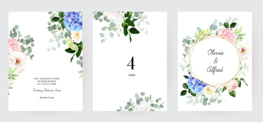 Florals and eucalyptus vector frames. Hand painted branches, hydrangea flowers on white background