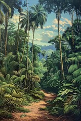 Fototapeta na wymiar An Outstanding Painting Capturing the Rich Diversity of a Tropical Forest, with Lush Trees and Bushes in Abundance.