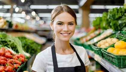 A young female shop assistant working in store, fruit and vegatables section, smiling 