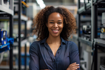 Happy and proud female african american R&D engineer facing the camera, the woman is standing in front of a rack with 3D printers. AI Generated - obrazy, fototapety, plakaty