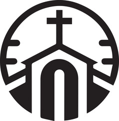 Logo of a church featuring a cross and church building, Church emblem showcasing a cross and church structure