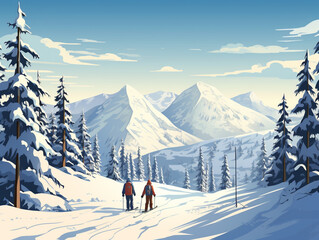 2d illustration of snowboarders standing and looking at the pine forest and mountains in front of them.  - obrazy, fototapety, plakaty