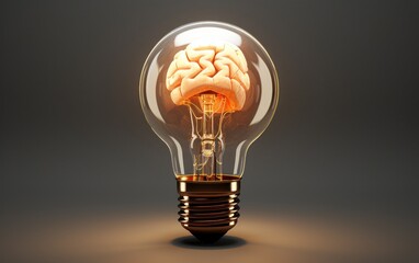 Un cerveau à l'intérieur d'une ampoule allumée sur fond gris, image avec espace pour texte.