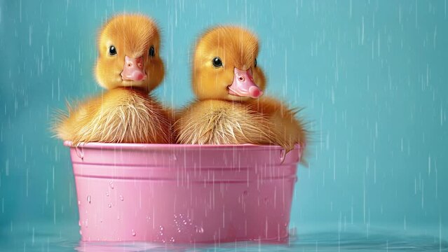 Deux poussins dans un seau rose sur l'eau