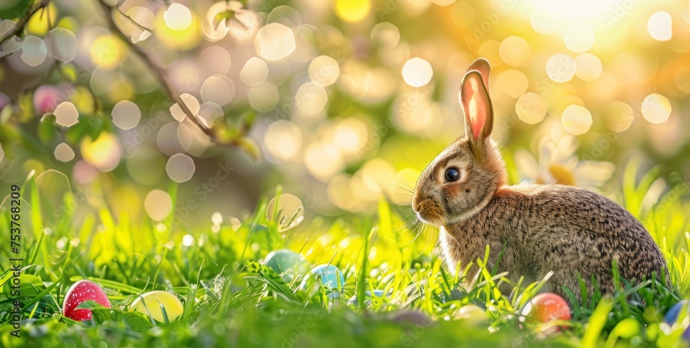 Poster easter background with a rabbit and colorful eggs on green grass, a spring blooming tree in the back