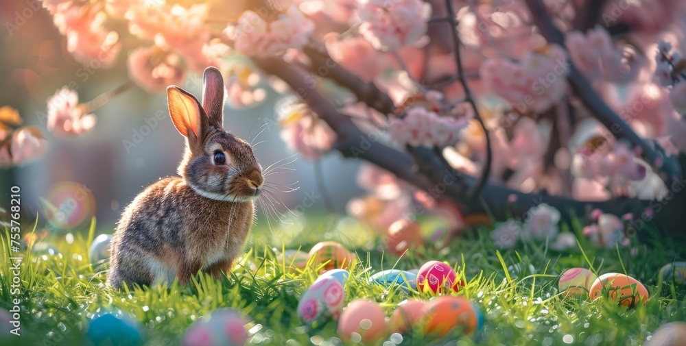 Poster easter background with a rabbit and colorful eggs on green grass generative ai