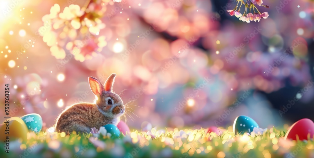 Poster easter background with rabbit and colorful eggs on green grass blooming cherry tree in the back blur