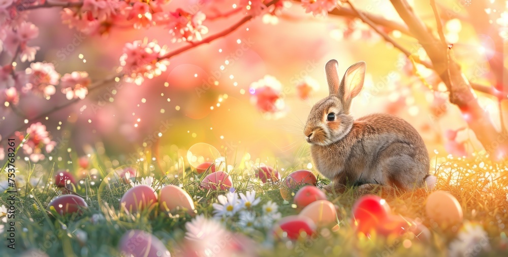 Poster easter background with rabbit and colorful eggs on green grass sunlight, bokeh generative ai