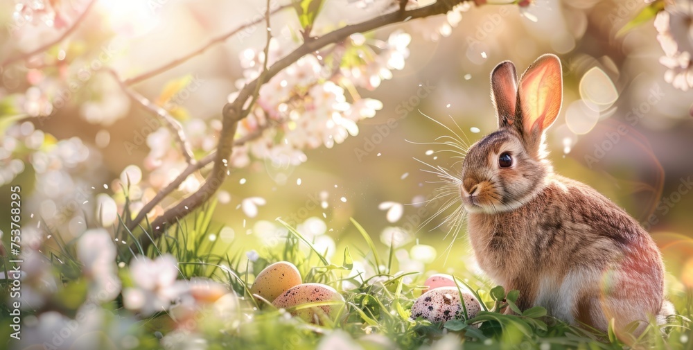 Poster easter background with rabbit and colorful eggs on green grass blooming cherry tree in the back ligh