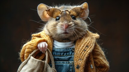 a rat in a sweater and glasses holding a purse and looking at the camera with a surprised look on its face.