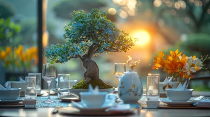 Schilderijen op glas Wedding table setting with nature theme of bonsai tree and origami birds. © Matthew