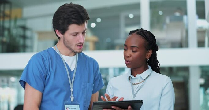 Man, tablet and doctor with medical advisor for meeting, discussion and planning for health insurance. Conversation, digital app and nurse brainstorming with woman healthcare consultant in telehealth