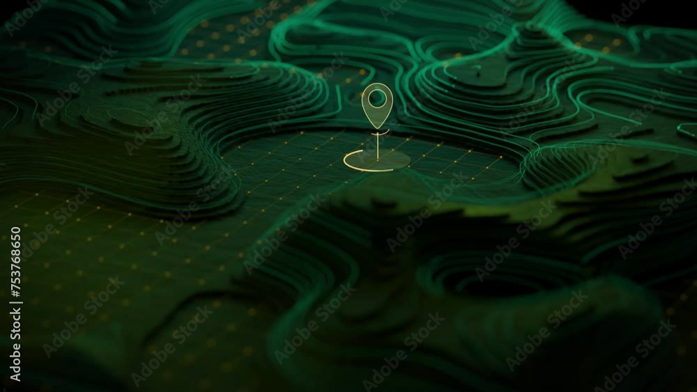 Wall mural loop topography hud animation. 3d landscape with location point. digital abstract terrain map.