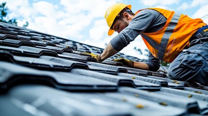 A roofer repairs a roof, worker replaces shingles on the roof of a home. Generative AI.