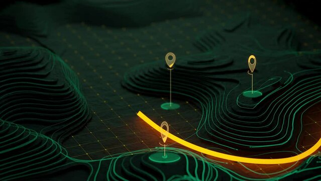 3D Topography Landscape with path. HUD relief data. Digital terrain navigation map with location points.