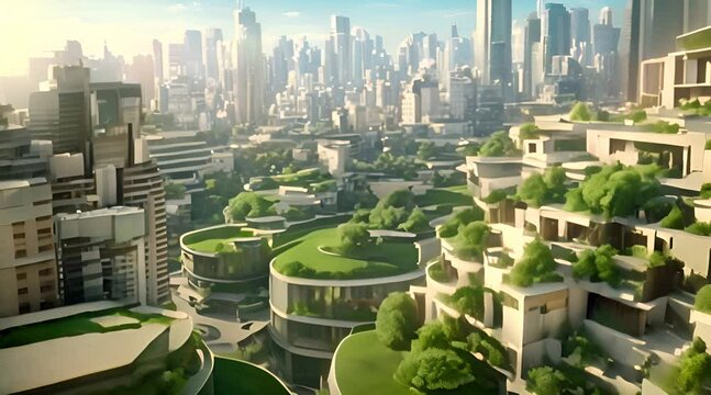 Green city of the future. City of the future. Harmony of city and nature. Sunny day in the big city. Deserted quarter, streets without people and car