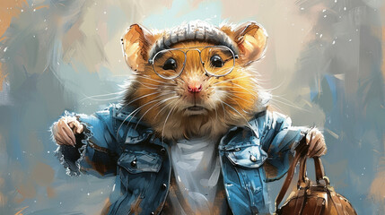 a painting of a mouse wearing glasses and a denim jacket with a handbag in front of him and a handbag in the other hand.