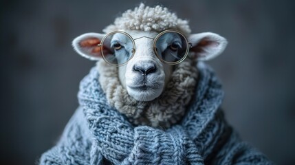 Obraz premium a sheep wearing a sweater and glasses with a knitted scarf around it's neck and looking at the camera.