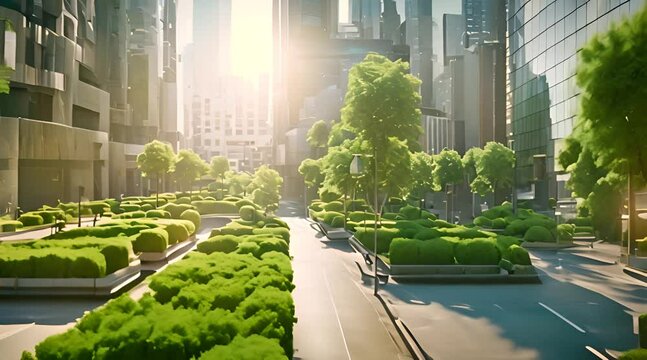 Green city of the future. City of the future. Harmony of city and nature. Sunny day in the big city. Deserted quarter, streets without people and car