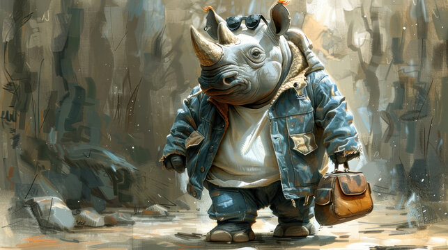 a painting of a rhino wearing a blue jacket and holding a brown bag while walking through a forest filled with rocks.