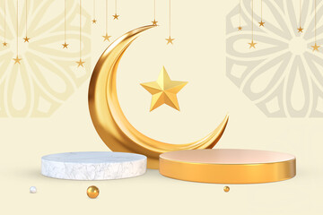 3d rendering golden crescent moon with Islamic decoration podiums for product placement