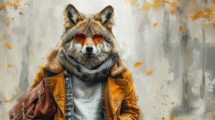 a painting of a fox wearing a leather jacket and scarf with a handbag in front of it's face.
