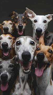 portrait group of white, light gray, dark gray, brown and mixed colors greyhounds smiling.
