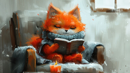 a painting of a red fox sitting in a chair reading a book with a lit candle in front of it.