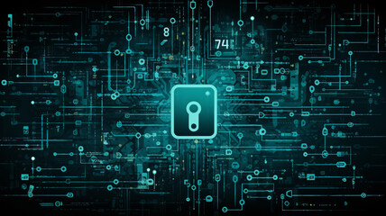 Digital artwork of a cybersecurity concept with a lock icon over a complex circuit board pattern.
