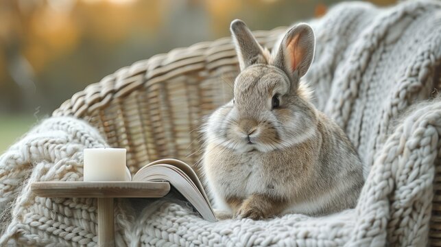 a rabbit sitting on top of a wicker chair next to a table with a cup of coffee on it.
