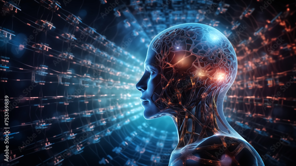 Poster a digital illustration of a human profile with a transparent head, revealing a complex neural networ