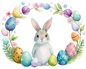 Easter bunny with colorful eggs and flowers - A cute grey bunny surrounded by a wreath of colorful Easter eggs and spring flowers in a watercolor style