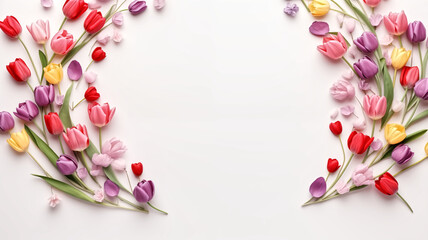 A beautiful arrangement of colorful tulips creating a vibrant border on a clean white background, perfect for spring themes and floral designs.
