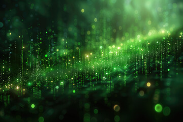 green technology background with digital binary code and bokeh