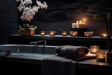 Elegant luxury spa area with folded fluffy black gray towels in a spa center in soft colors, with softly lit candles around and flowers and plants nearby - obrazy, fototapety, plakaty