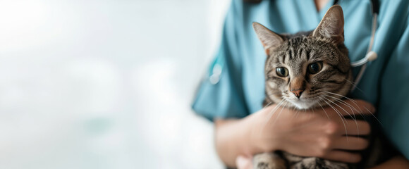 Close-up portrait of cute cat in the hands of a veterinarian. Concept of animal treatment, pet care, banner with copyspace - obrazy, fototapety, plakaty