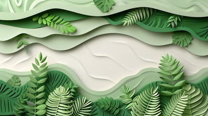 Earth Day Inspired Abstract Paper Cut-Out Art of Green Foliage and Wavy Landscapes