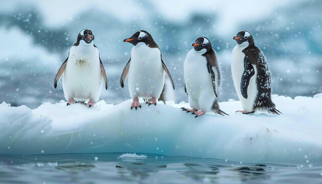 Flock of four lovely penguins floating on small iceberg in cold Antarctic sea waters with picturesque moody landscape background. Beauty in Nature, Eco concept image.