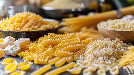 A selection of different types of pasta arranged on a kitchen counter