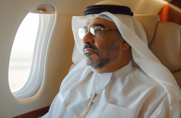 Arab businessman with glasses traveling by plane