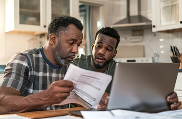 Obraz premium Black man and his son reviewing mortgage papers