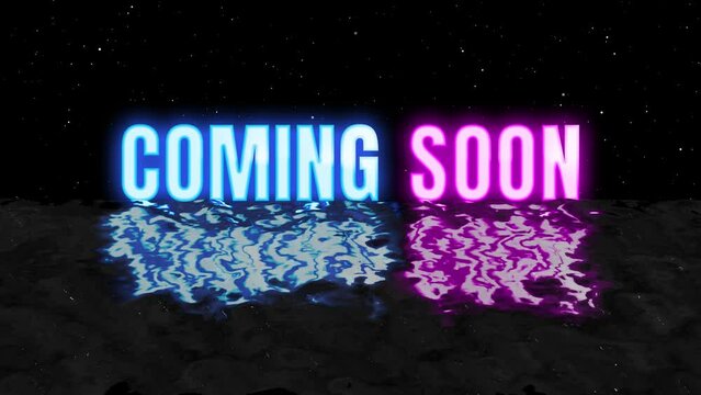 Coming Soon 80s retro neon glow cyberpunk color text Intro and Outro motion graphic template with ocean wave and stars burst particle black background. 4k Coming Soon end screen 2d animation.