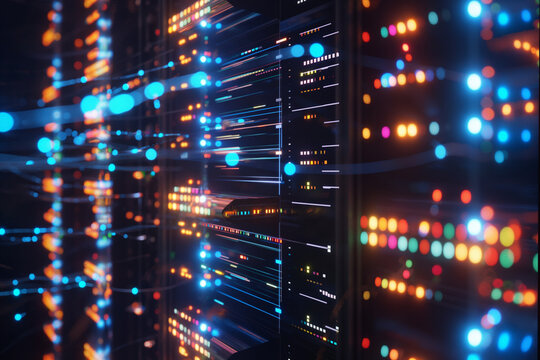 Close-up view of a data center server rack with blinking led lights at night. Abstract background