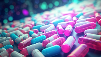 A variety of medical capsules in pink and blue hues spread out with a soft, colorful bokeh background suggesting pharmaceutical care.
